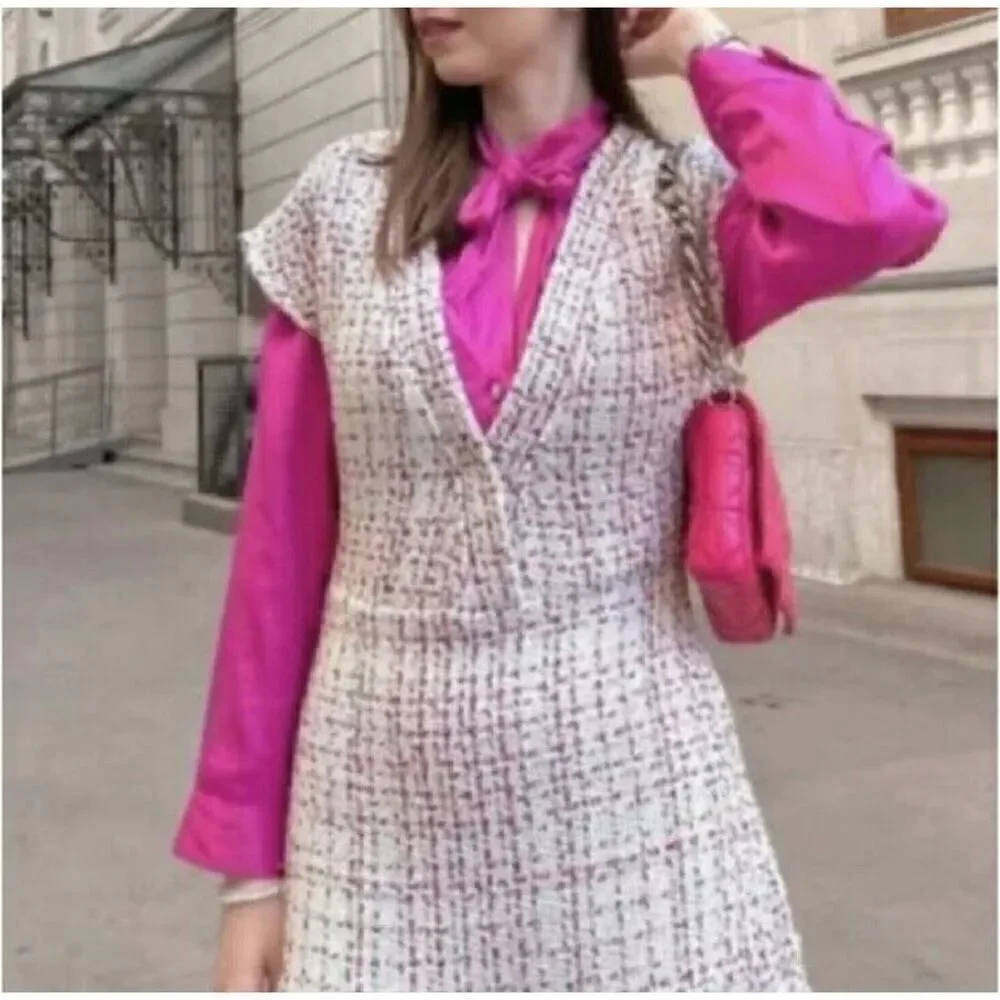 Zara Textured Weave Tweed Mini Dress sz Small - Picture 2 of 13